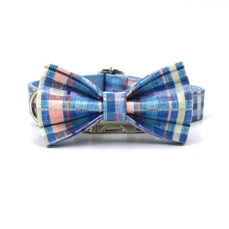 Blue Plaid Dog Collar with Bow Design